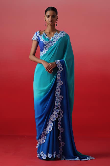 Kavitha Gutta Ocean Bloom Border Embroidered Ombre Saree With Blouse 