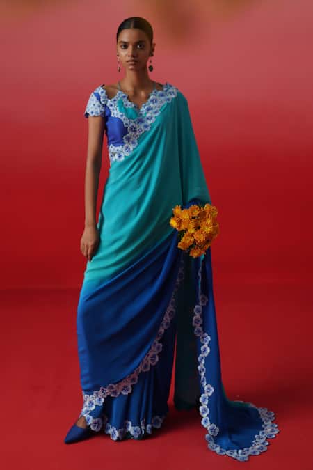 Kavitha Gutta Ocean Bloom Border Embroidered Ombre Saree With Blouse 