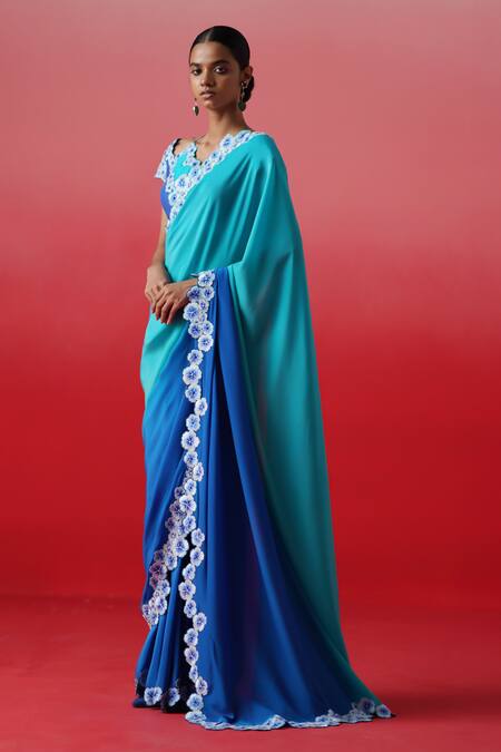 Shop_Kavitha Gutta_Blue Crepe Embroidery V-neck Ocean Bloom Border Ombre Saree With Blouse _Online_at_Aza_Fashions