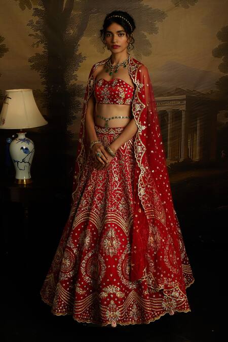 Kavitha Gutta_Red Silk, Satin, Tulle Sequins, Smocking, Ambrosia Bridal Lehenga Set _Online_at_Aza_Fashions