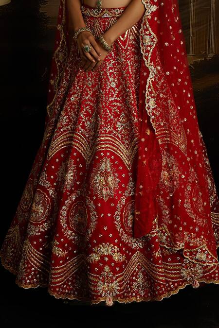 Buy_Kavitha Gutta_Red Silk, Satin, Tulle Sequins, Smocking, Ambrosia Bridal Lehenga Set _Online_at_Aza_Fashions