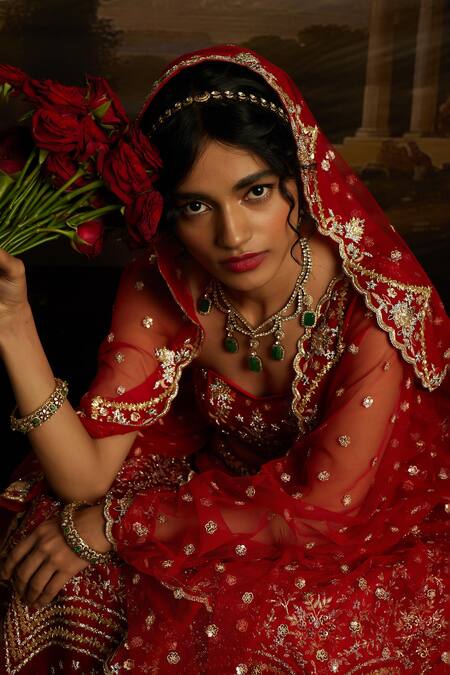 Buy_Kavitha Gutta_Red Silk, Satin, Tulle Sequins, Smocking, Ambrosia Bridal Lehenga Set 