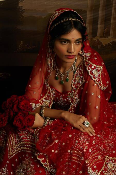 Shop_Kavitha Gutta_Red Silk, Satin, Tulle Sequins, Smocking, Ambrosia Bridal Lehenga Set 