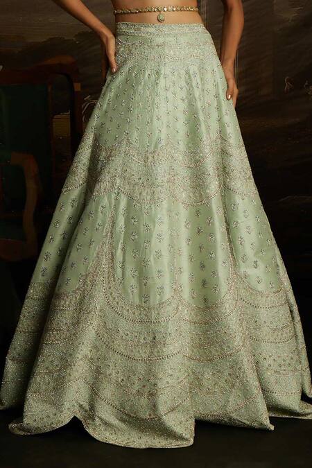 Buy_Kavitha Gutta_Green Silk, Tulle Sequins, Embroidery Off-shoulder Glimmer Crystals Lehenga Set _Online_at_Aza_Fashions