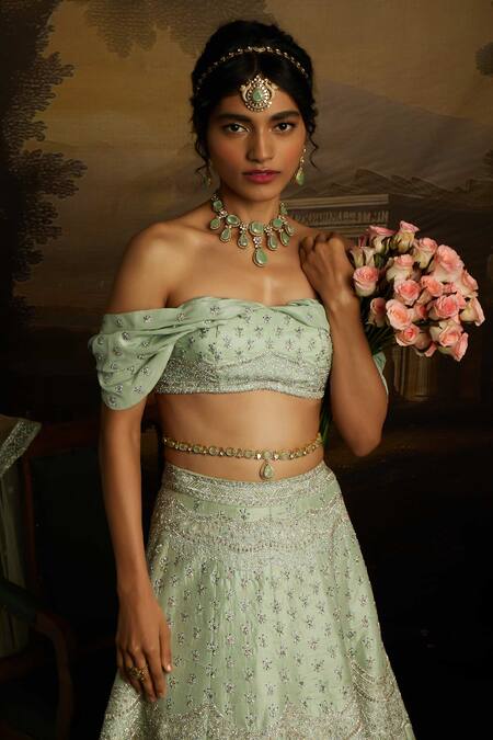 Shop_Kavitha Gutta_Green Silk, Tulle Sequins, Embroidery Off-shoulder Glimmer Crystals Lehenga Set _Online_at_Aza_Fashions
