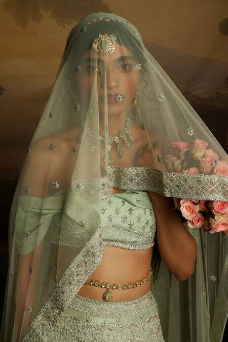 Kavitha Gutta_Green Silk, Tulle Sequins, Embroidery Off-shoulder Glimmer Crystals Lehenga Set _at_Aza_Fashions