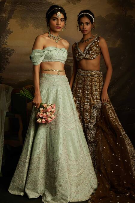 Buy_Kavitha Gutta_Green Silk, Tulle Sequins, Embroidery Off-shoulder Glimmer Crystals Lehenga Set 