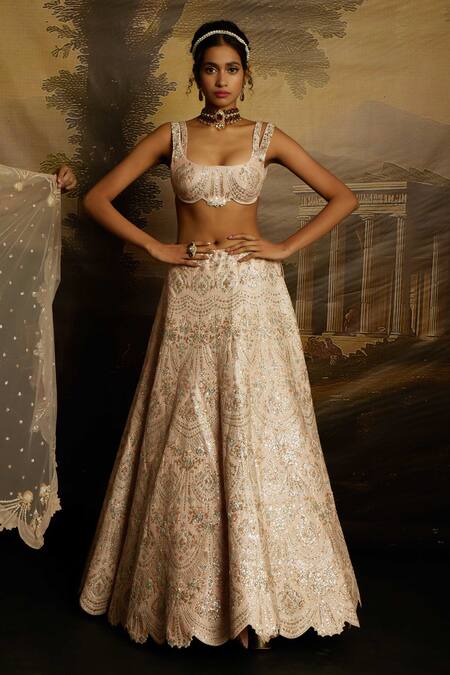 Kavitha Gutta_Pink Silk, Tulle Sequins, Embroidery, Smocking Scoop Blush Elegance Lehenga Set _Online_at_Aza_Fashions