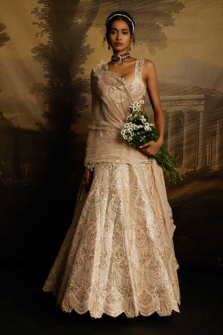 Shop_Kavitha Gutta_Pink Silk, Tulle Sequins, Embroidery, Smocking Scoop Blush Elegance Lehenga Set _Online_at_Aza_Fashions