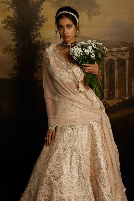 Kavitha Gutta_Pink Silk, Tulle Sequins, Embroidery, Smocking Scoop Blush Elegance Lehenga Set _at_Aza_Fashions