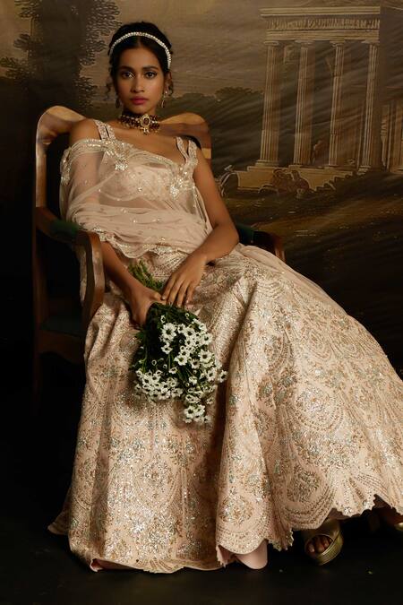 Buy_Kavitha Gutta_Pink Silk, Tulle Sequins, Embroidery, Smocking Scoop Blush Elegance Lehenga Set 