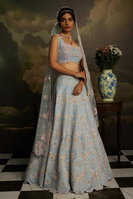 Shop_Kavitha Gutta_Pink Silk, Tulle Sequins Scoop Neck Serenity Embroidered Lehenga Set _Online_at_Aza_Fashions