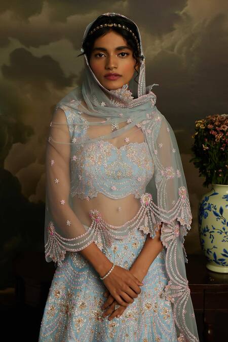 Kavitha Gutta_Pink Silk, Tulle Sequins Scoop Neck Serenity Embroidered Lehenga Set _at_Aza_Fashions
