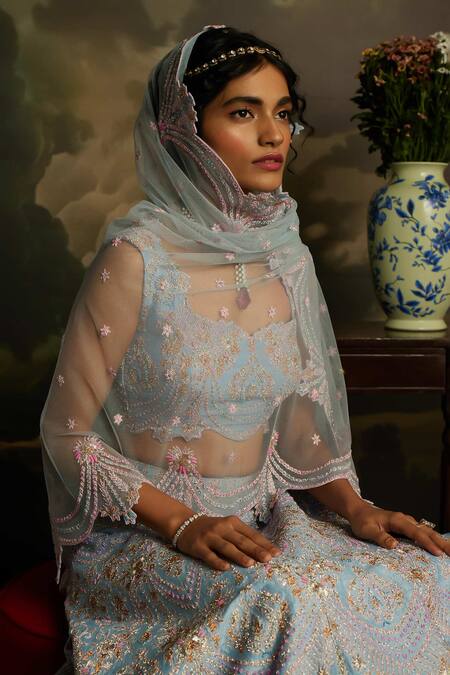 Buy_Kavitha Gutta_Pink Silk, Tulle Sequins Scoop Neck Serenity Embroidered Lehenga Set 