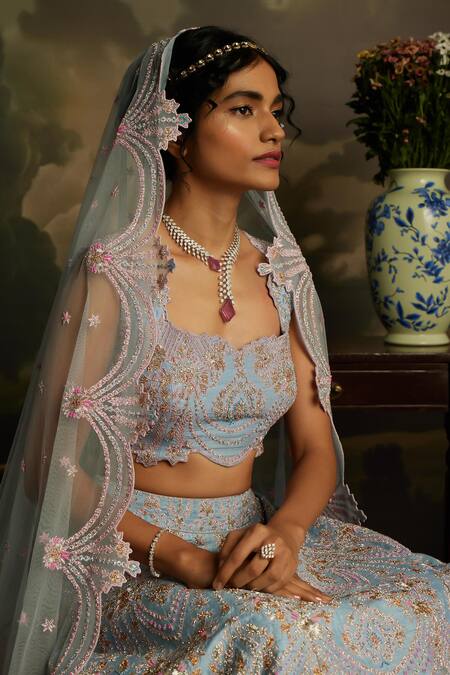 Shop_Kavitha Gutta_Pink Silk, Tulle Sequins Scoop Neck Serenity Embroidered Lehenga Set 
