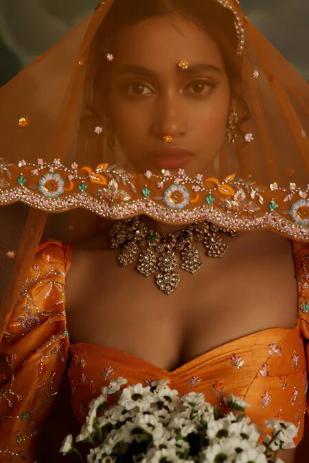 Kavitha Gutta_Orange Silk, Tulle Sequins, Stones, Zari Amber Radiance Embroidered Lehenga Set _Online_at_Aza_Fashions