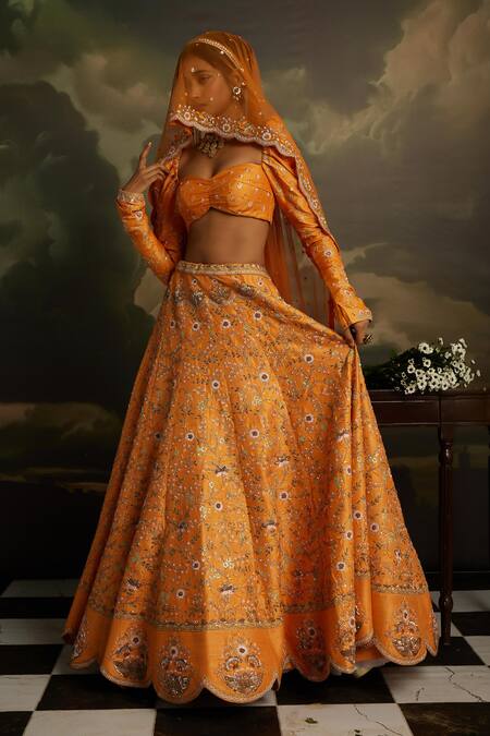 Buy_Kavitha Gutta_Orange Silk, Tulle Sequins, Stones, Zari Amber Radiance Embroidered Lehenga Set _Online_at_Aza_Fashions