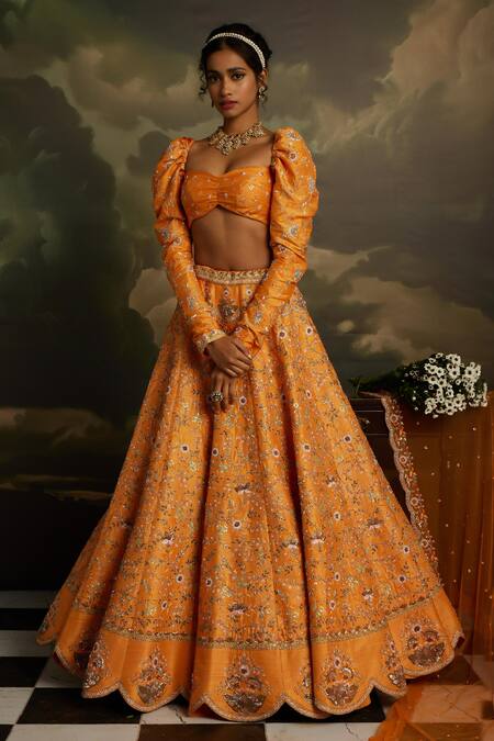 Kavitha Gutta_Orange Silk, Tulle Sequins, Stones, Zari Amber Radiance Embroidered Lehenga Set _at_Aza_Fashions