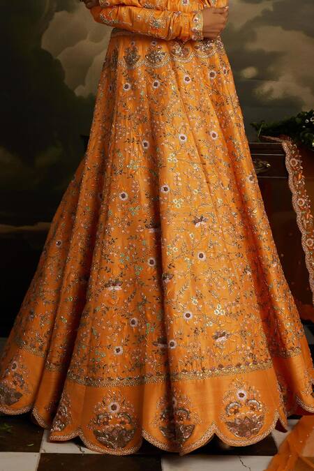 Buy_Kavitha Gutta_Orange Silk, Tulle Sequins, Stones, Zari Amber Radiance Embroidered Lehenga Set 
