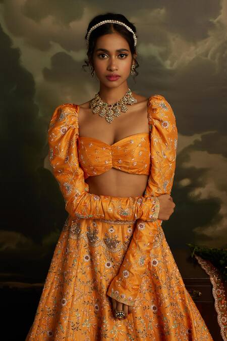 Shop_Kavitha Gutta_Orange Silk, Tulle Sequins, Stones, Zari Amber Radiance Embroidered Lehenga Set 