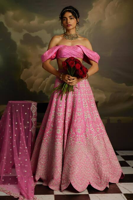Shop_Kavitha Gutta_Pink Silk, Tulle Sequins, Embroidery Rosy Radiance Zari Lehenga Set _Online_at_Aza_Fashions