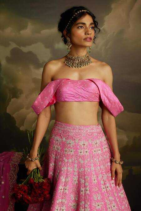 Shop_Kavitha Gutta_Pink Silk, Tulle Sequins, Embroidery Rosy Radiance Zari Lehenga Set 
