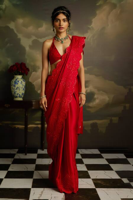 Kavitha Gutta_Red Satin Embroidery, Sequins Halter Scarlet Shine Floral Saree With Blouse _Online_at_Aza_Fashions