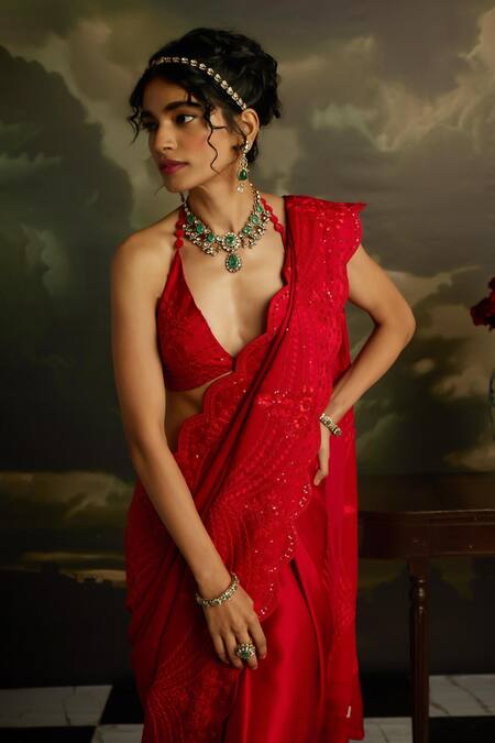 Buy_Kavitha Gutta_Red Satin Embroidery, Sequins Halter Scarlet Shine Floral Saree With Blouse _Online_at_Aza_Fashions