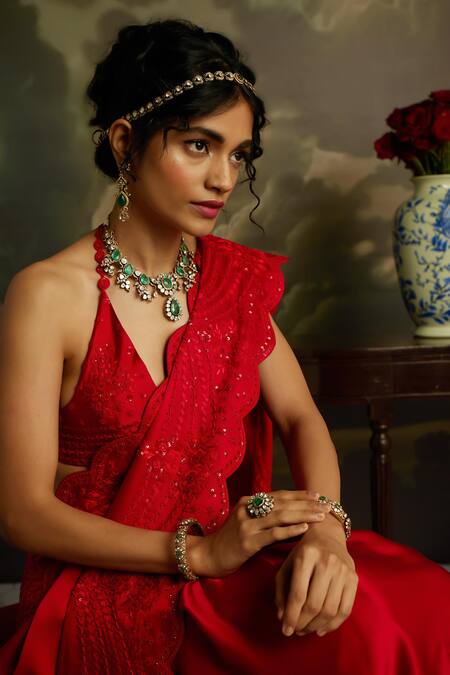 Shop_Kavitha Gutta_Red Satin Embroidery, Sequins Halter Scarlet Shine Floral Saree With Blouse _Online_at_Aza_Fashions