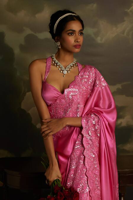 Kavitha Gutta_Magenta Silk Sequins, Embroidery Sweetheart Neck Allure Saree With Blouse _at_Aza_Fashions