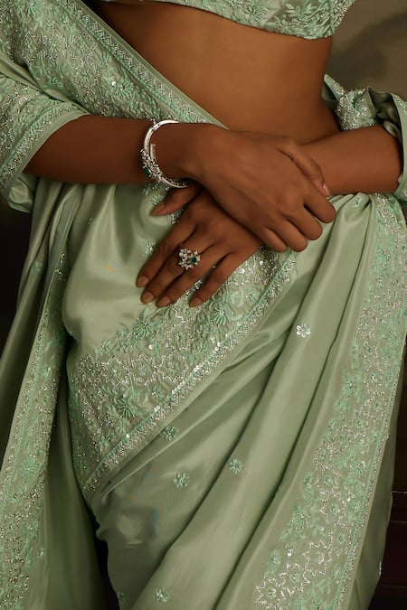Kavitha Gutta_Green Silk, Satin Sequins, Embroidery Swarovski Crystal Luxe Saree With Blouse _Online_at_Aza_Fashions