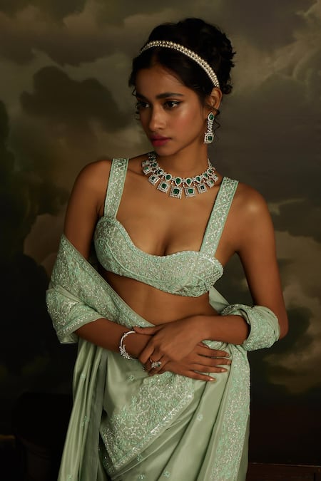 Buy_Kavitha Gutta_Green Silk, Satin Sequins, Embroidery Swarovski Crystal Luxe Saree With Blouse _Online_at_Aza_Fashions