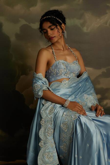 Kavitha Gutta_Blue Satin Sequins, Stones Mist Elegance Crystal Embroidered Saree With Blouse _Online_at_Aza_Fashions