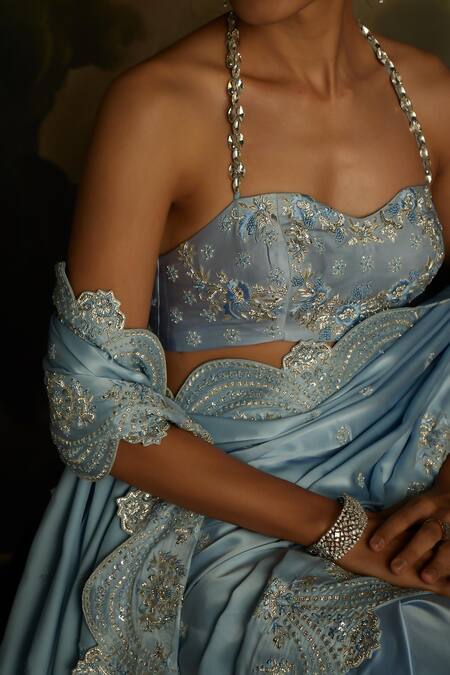 Buy_Kavitha Gutta_Blue Satin Sequins, Stones Mist Elegance Crystal Embroidered Saree With Blouse _Online_at_Aza_Fashions