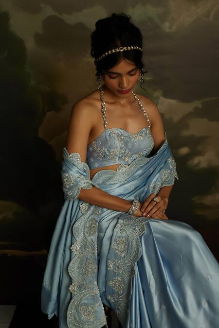 Shop_Kavitha Gutta_Blue Satin Sequins, Stones Mist Elegance Crystal Embroidered Saree With Blouse _Online_at_Aza_Fashions