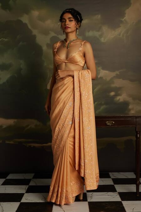 Shop_Kavitha Gutta_Peach Silk, Satin Sequins, Embroidery V-neck Glimmer Floral Saree With Blouse _Online_at_Aza_Fashions