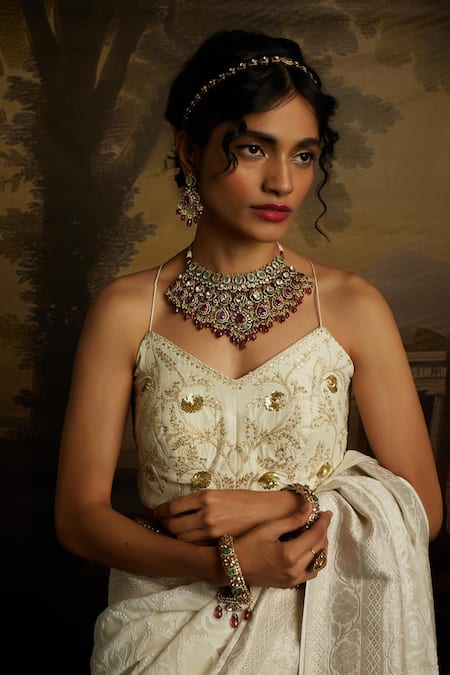 Kavitha Gutta White Chanderi , Sequins, Zari, Grace Chikankari Saree With Blouse Online at Aza Fashions Kavitha Gutta_White Chanderi , Sequins, Zari, Grace Chikankari Saree With Blouse _Online_at_Aza_Fashions