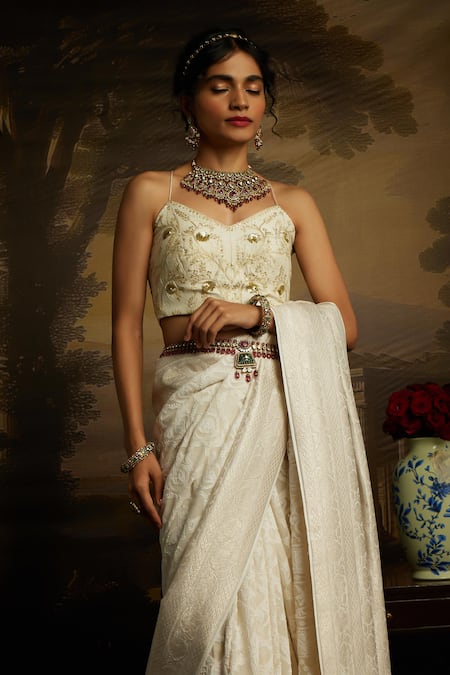 Shop Kavitha Gutta White Chanderi , Sequins, Zari, Grace Chikankari Saree With Blouse Online at Aza Fashions Shop_Kavitha Gutta_White Chanderi , Sequins, Zari, Grace Chikankari Saree With Blouse _Online_at_Aza_Fashions