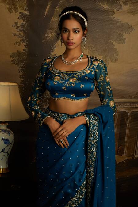 Kavitha Gutta_Blue Organza, Silk, Satin Embroidery, Sequins Whispers Resham Saree With Blouse _Online_at_Aza_Fashions