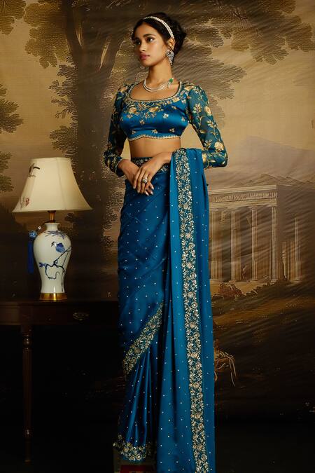 Buy_Kavitha Gutta_Blue Organza, Silk, Satin Embroidery, Sequins Whispers Resham Saree With Blouse _Online_at_Aza_Fashions