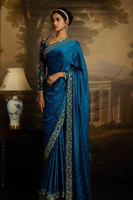 Shop_Kavitha Gutta_Blue Organza, Silk, Satin Embroidery, Sequins Whispers Resham Saree With Blouse _Online_at_Aza_Fashions