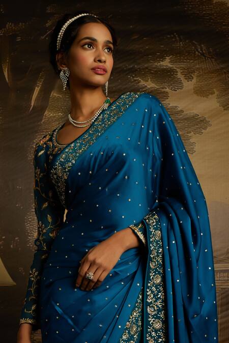Kavitha Gutta_Blue Organza, Silk, Satin Embroidery, Sequins Whispers Resham Saree With Blouse _at_Aza_Fashions