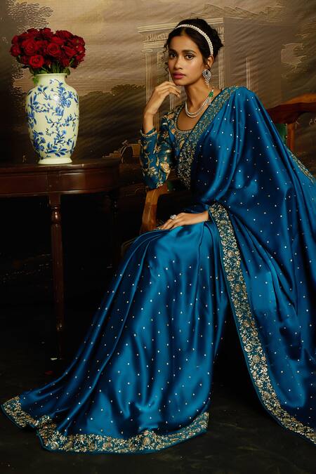 Buy_Kavitha Gutta_Blue Organza, Silk, Satin Embroidery, Sequins Whispers Resham Saree With Blouse 
