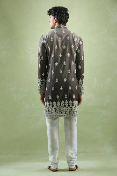 Shop Arihant Rai Sinha Grey Cotton Embroidery Bloom Thread Shaded Kurta at Aza Fashions Shop_Arihant Rai Sinha_Grey Cotton Embroidery Bloom Thread Shaded Kurta _at_Aza_Fashions