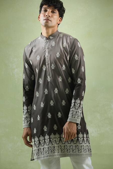 Arihant Rai Sinha Grey Cotton Embroidery Bloom Thread Shaded Kurta Online at Aza Fashions Arihant Rai Sinha_Grey Cotton Embroidery Bloom Thread Shaded Kurta _Online_at_Aza_Fashions