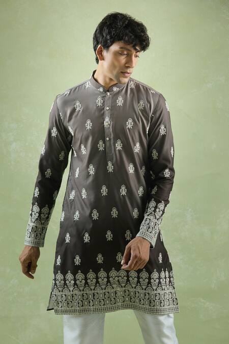 Buy Arihant Rai Sinha Grey Cotton Embroidery Bloom Thread Shaded Kurta Online at Aza Fashions Buy_Arihant Rai Sinha_Grey Cotton Embroidery Bloom Thread Shaded Kurta _Online_at_Aza_Fashions