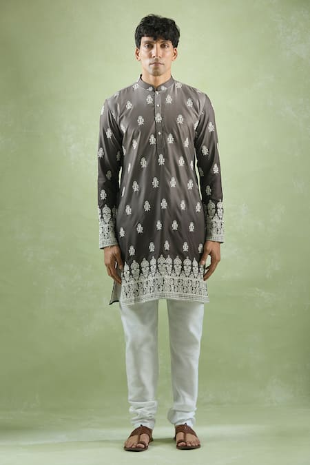 Shop Arihant Rai Sinha Grey Cotton Embroidery Bloom Thread Shaded Kurta Online at Aza Fashions Shop_Arihant Rai Sinha_Grey Cotton Embroidery Bloom Thread Shaded Kurta _Online_at_Aza_Fashions