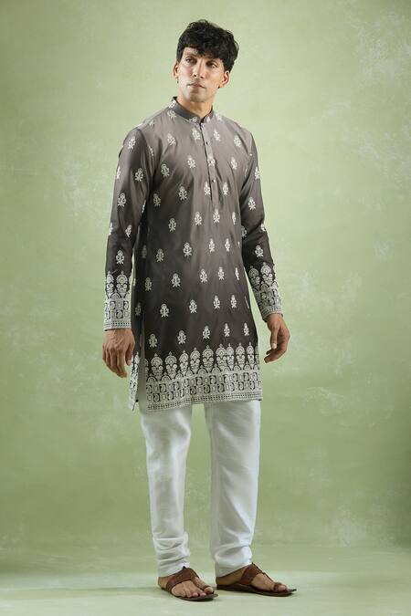 Arihant Rai Sinha Grey Cotton Embroidery Bloom Thread Shaded Kurta at Aza Fashions Arihant Rai Sinha_Grey Cotton Embroidery Bloom Thread Shaded Kurta _at_Aza_Fashions