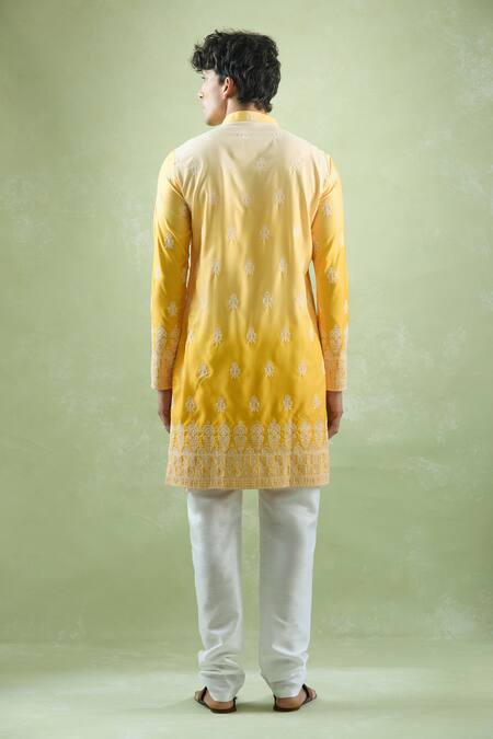 Shop Arihant Rai Sinha Yellow Cotton Embroidery Blossom Thread Shaded Kurta at Aza Fashions Shop_Arihant Rai Sinha_Yellow Cotton Embroidery Blossom Thread Shaded Kurta_at_Aza_Fashions