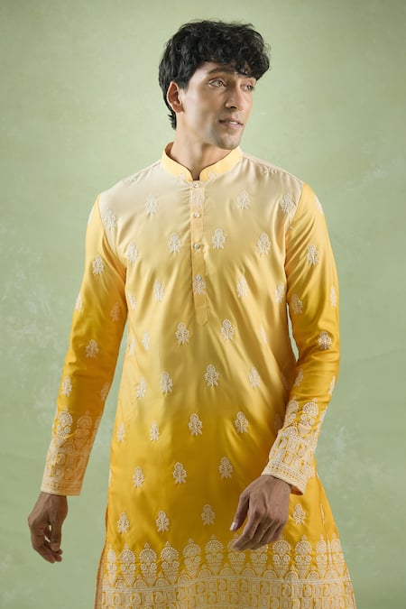 Arihant Rai Sinha Yellow Cotton Embroidery Blossom Thread Shaded Kurta Online at Aza Fashions Arihant Rai Sinha_Yellow Cotton Embroidery Blossom Thread Shaded Kurta_Online_at_Aza_Fashions